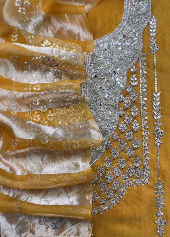 Luxe Yellow Organza Silk Suit Fabric And Zari Panel Dupatta With Dori And Gotapatti Handwork