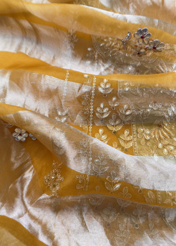 Luxe Yellow Organza Silk Suit Fabric And Zari Panel Dupatta With Dori And Gotapatti Handwork