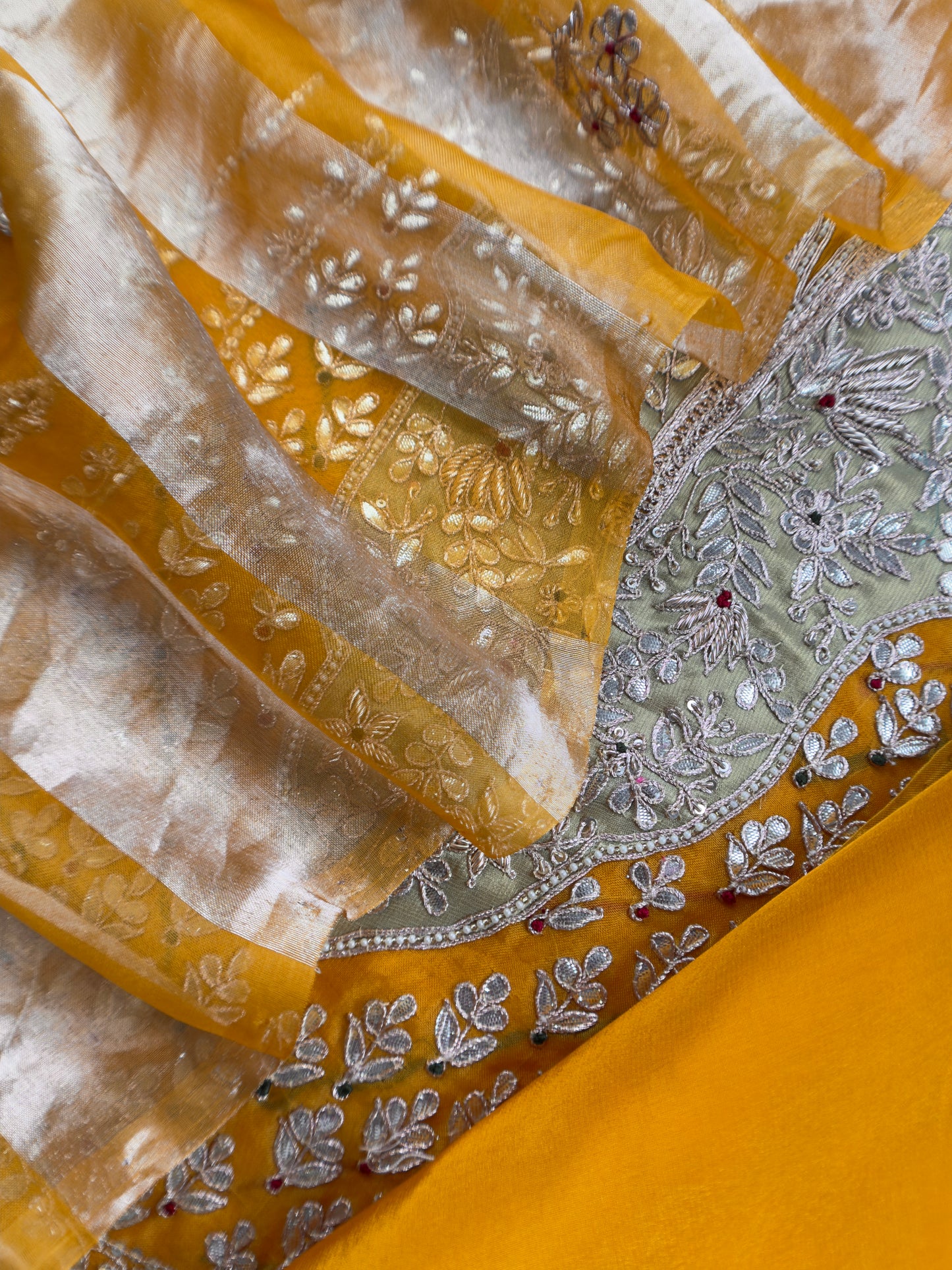 Luxe Yellow Organza Silk Suit Fabric And Zari Panel Dupatta With Dori And Gotapatti Handwork