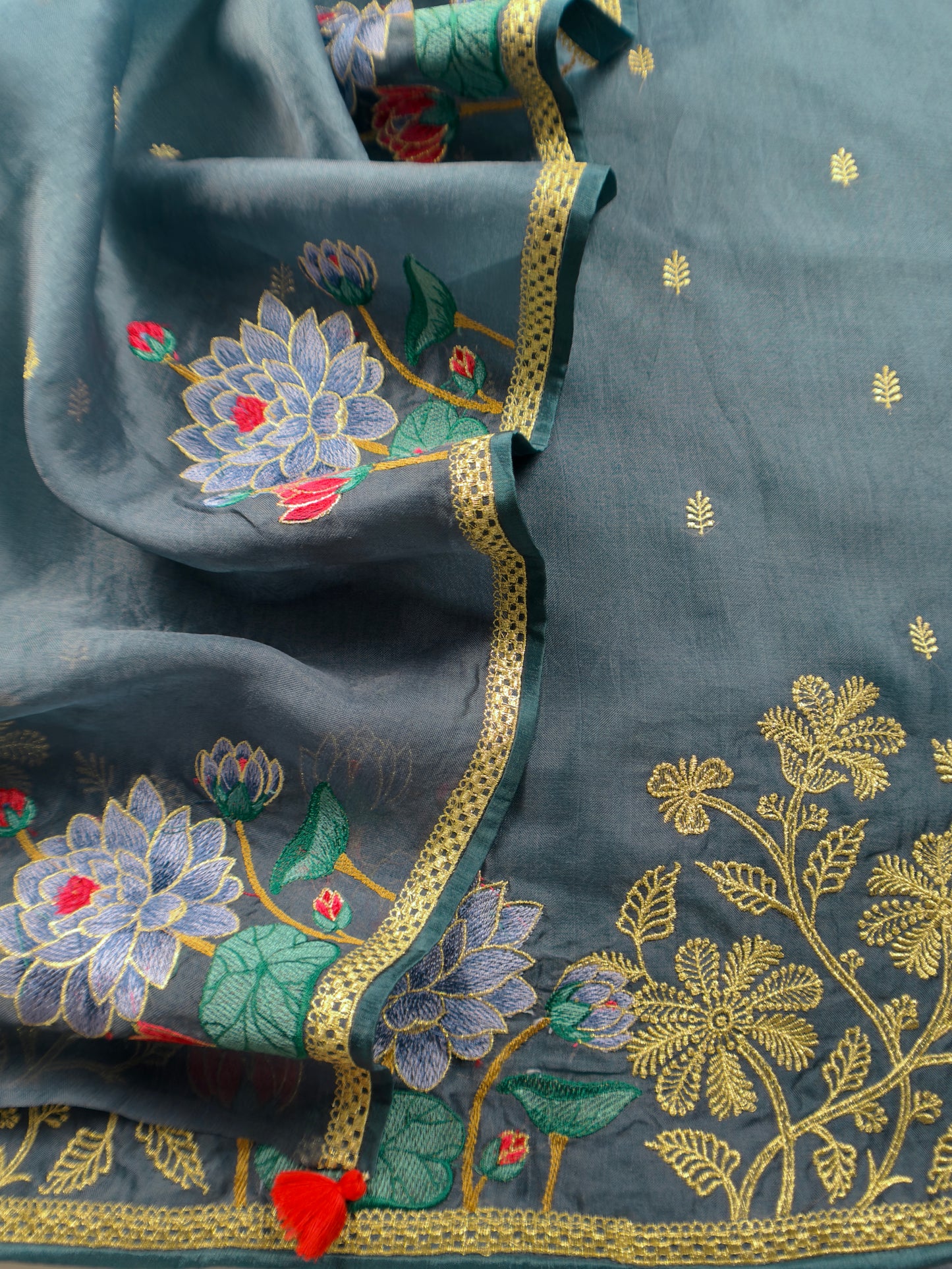 Teal Blue Kora Silk Suit With Gold Zari And Lotus Bharwa Embroidery