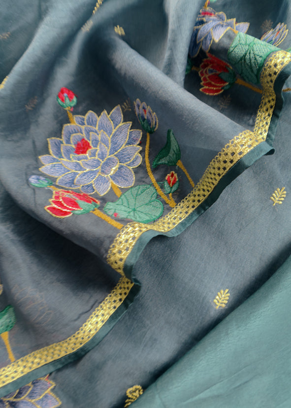 Teal Blue Kora Silk Suit With Gold Zari And Lotus Bharwa Embroidery