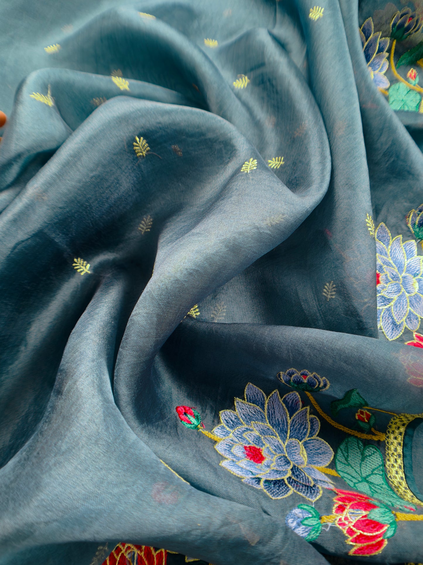 Teal Blue Kora Silk Suit With Gold Zari And Lotus Bharwa Embroidery