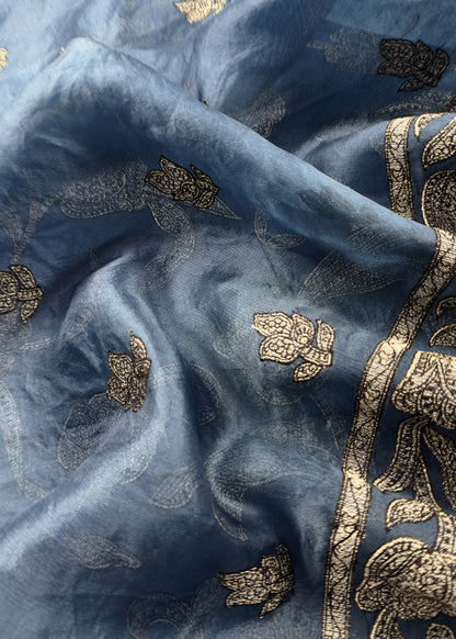 Aegean Blue Pure Organza Silk Suit Fabric With Parsi Tulips Resham Embroidery