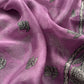 French Violet Pure Organza Silk Suit Fabric With Parsi Tulips Resham Embroidery