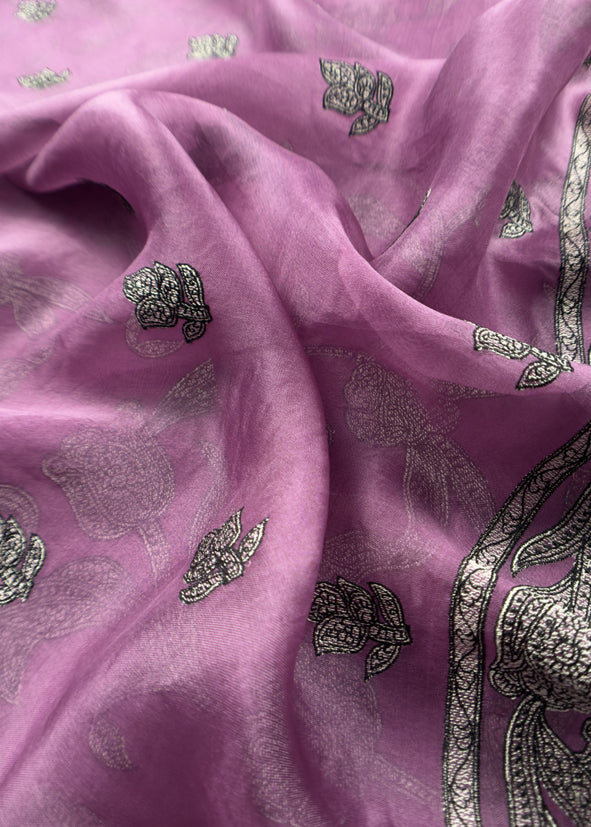 French Violet Pure Organza Silk Suit Fabric With Parsi Tulips Resham Embroidery