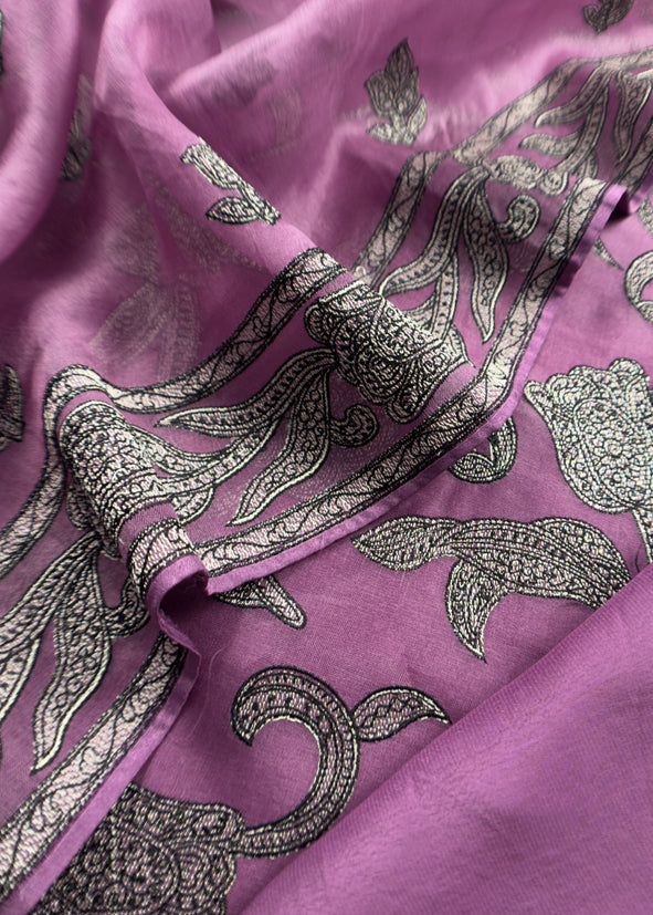 French Violet Pure Organza Silk Suit Fabric With Parsi Tulips Resham Embroidery