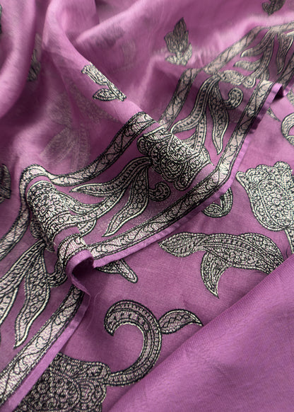 French Violet Pure Organza Silk Suit Fabric With Parsi Tulips Resham Embroidery