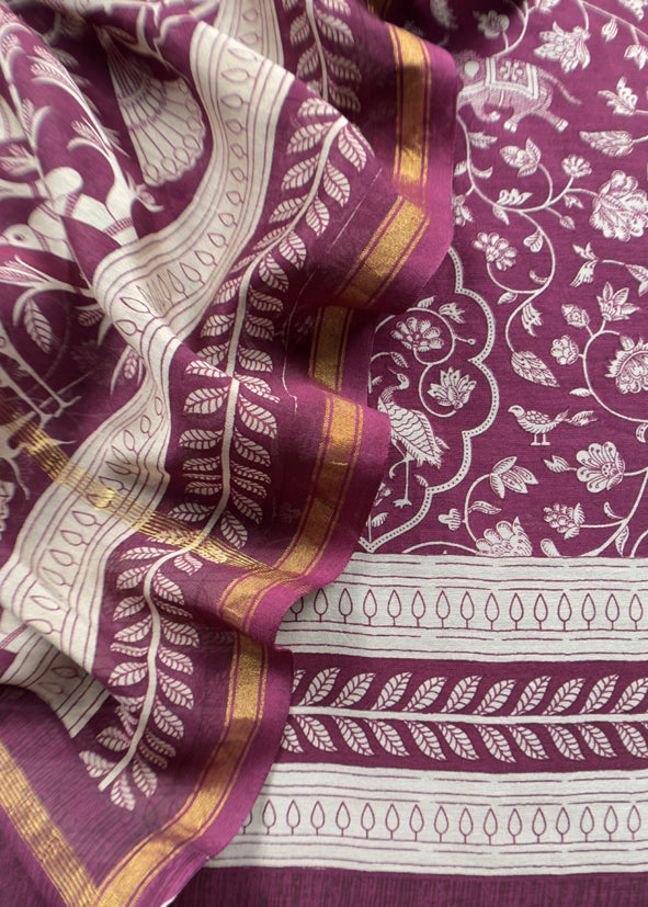 Berry Wine Jaipuri Print Pure Maheshwari Silk Suit Fabric With Traditional Parrot Dupatta