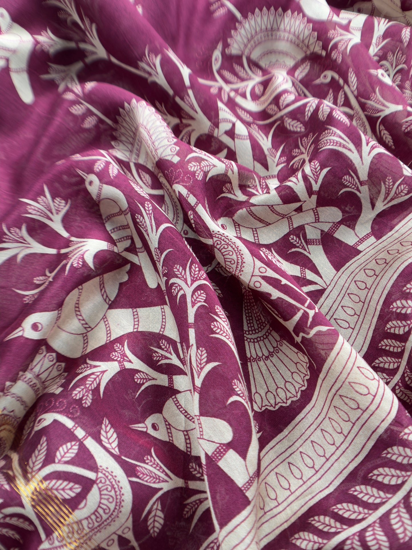 Berry Wine Jaipuri Print Pure Maheshwari Silk Suit Fabric With Traditional Parrot Dupatta