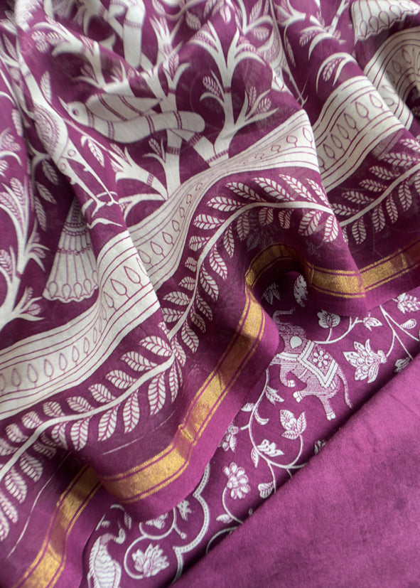 Berry Wine Jaipuri Print Pure Maheshwari Silk Suit Fabric With Traditional Parrot Dupatta