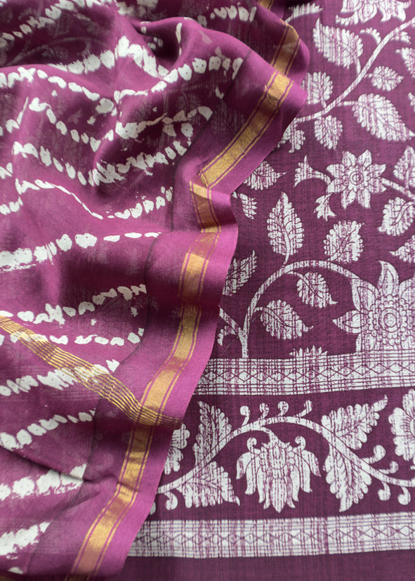Berry Wine Kalamkari Maheshwari Silk Unstitched Suit With Tie-Dye Dupatta