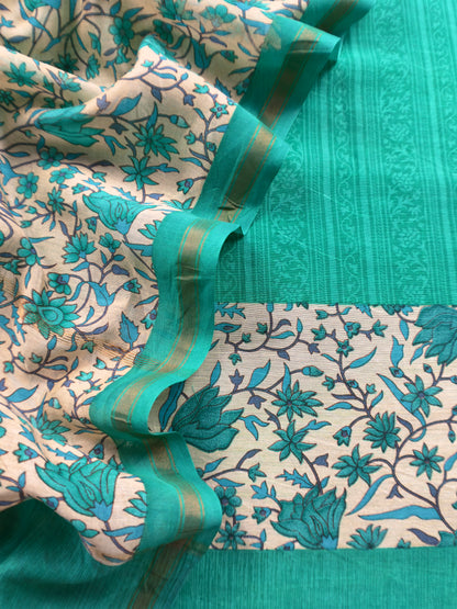 Green Block Print Pure Maheshwari Silk Suit With Floral Print Dupatta