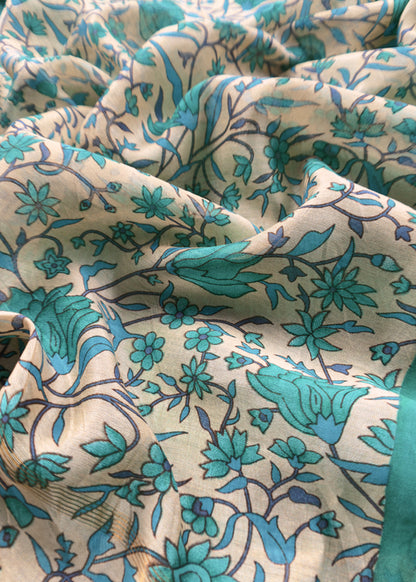 Green Block Print Pure Maheshwari Silk Suit With Floral Print Dupatta