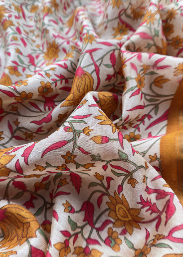 Rust Block Print Pure Maheshwari Silk Suit With Floral Print Dupatta