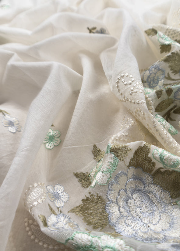 Off-White With Green Pure Mul Banarasi Cotton Suit With Resham Embroidery