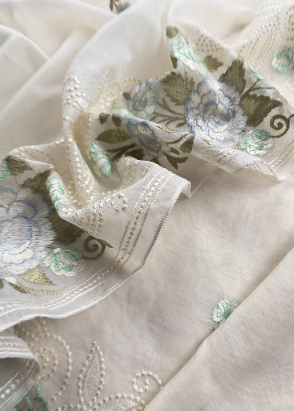 Off-White With Green Pure Mul Banarasi Cotton Suit With Resham Embroidery