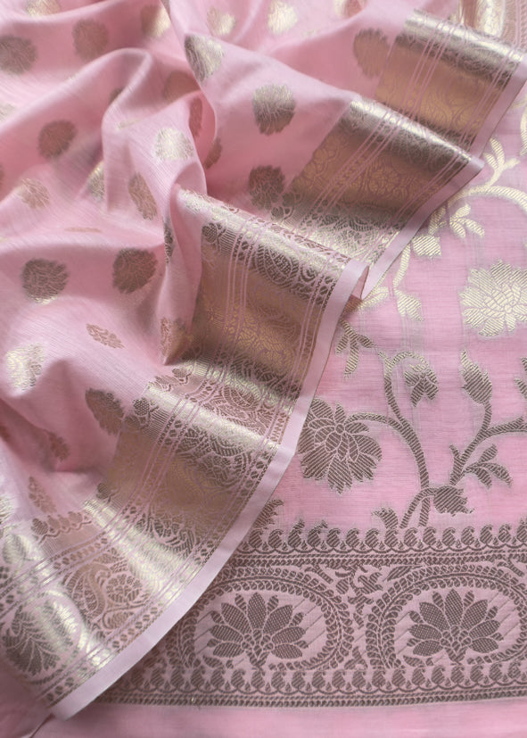 Baby Pink Banarasi Chanderi Silk Suit In Zari Work