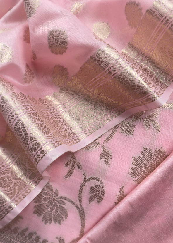 Baby Pink Banarasi Chanderi Silk Suit In Zari Work