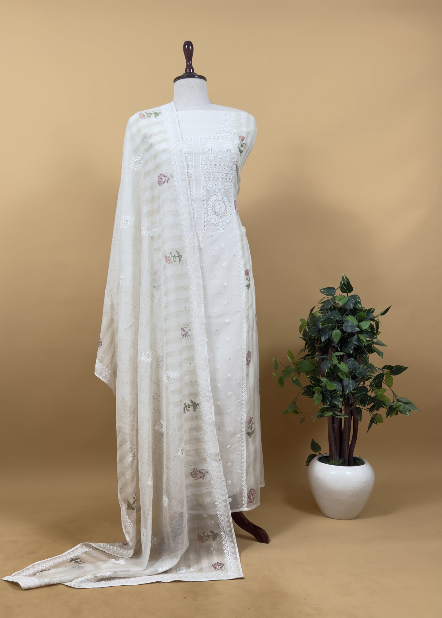 White With Yellow Pure Mul Handblock Print Suit With Chikan Embroidery