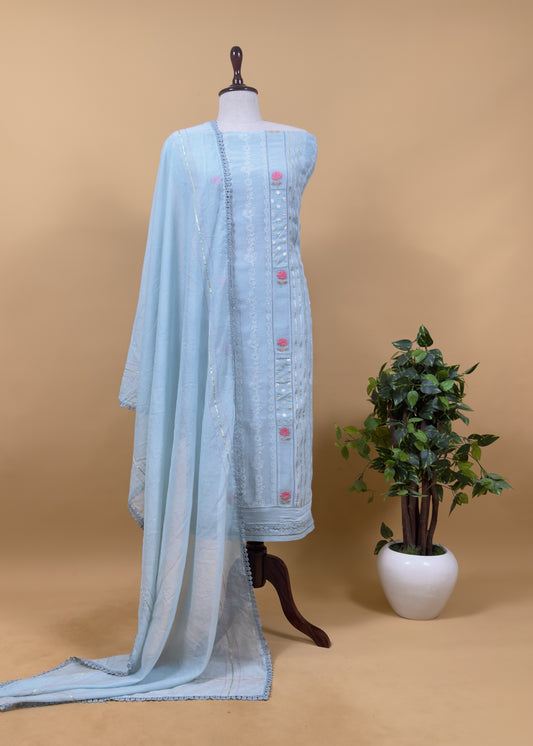 Light Blue Pure Mul Suit With Gold Pitta Work And Resham Embroidery