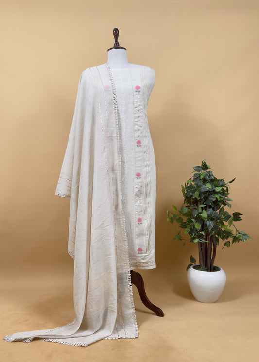 Beige Pure Mul Suit With Gold Pitta Work And Resham Embroidery