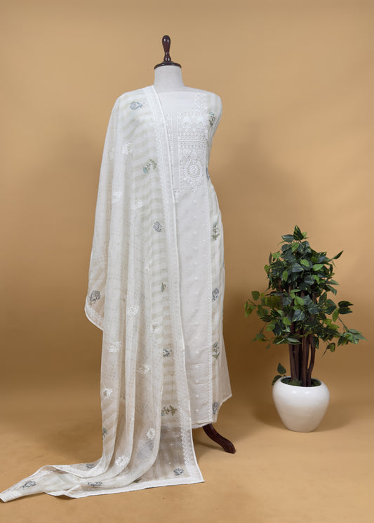 White With Blue Pure Mul Handblock Print Suit With Chikan Embroidery