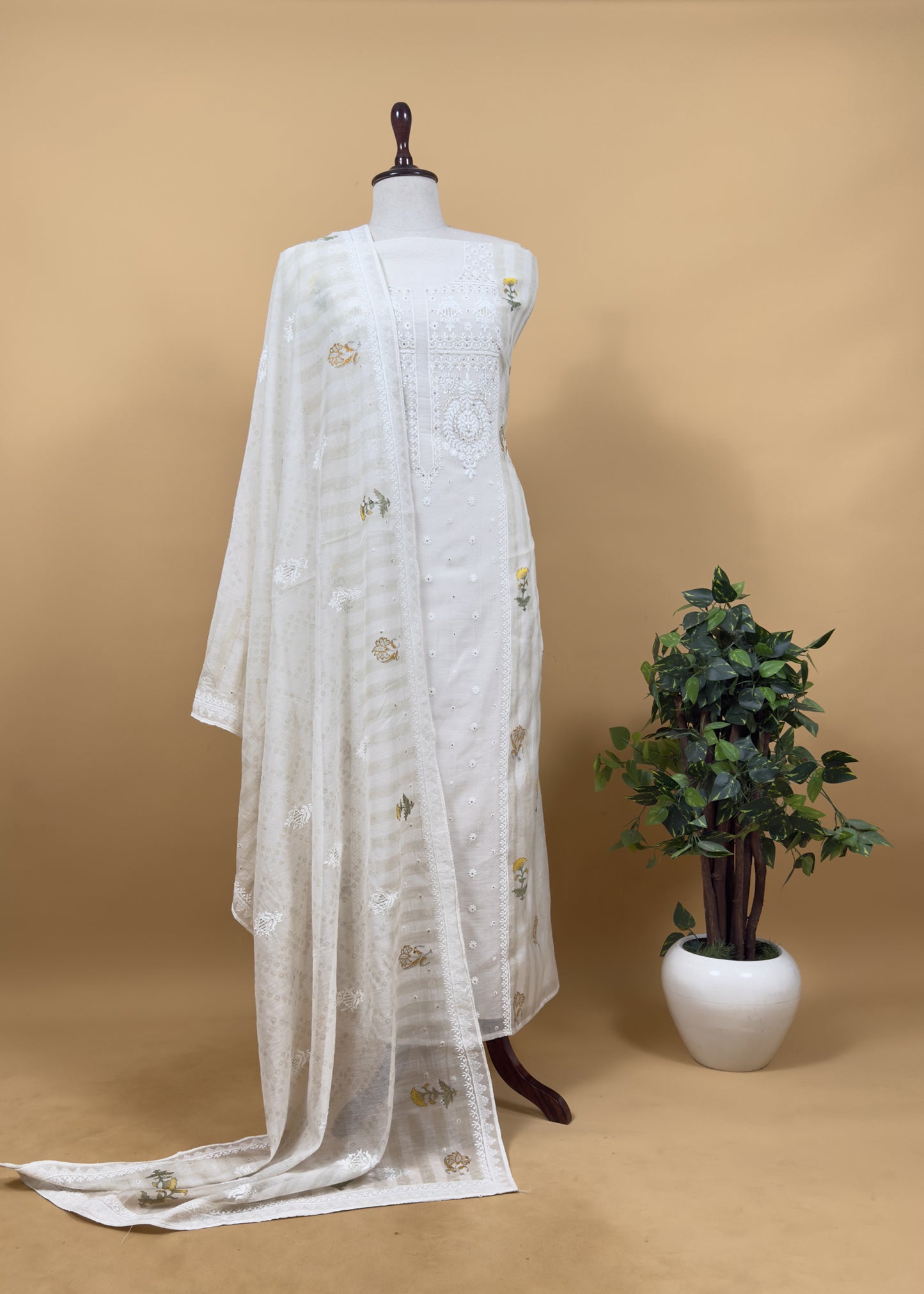 White With Yellow Pure Mul Handblock Print Suit With Chikan Embroidery