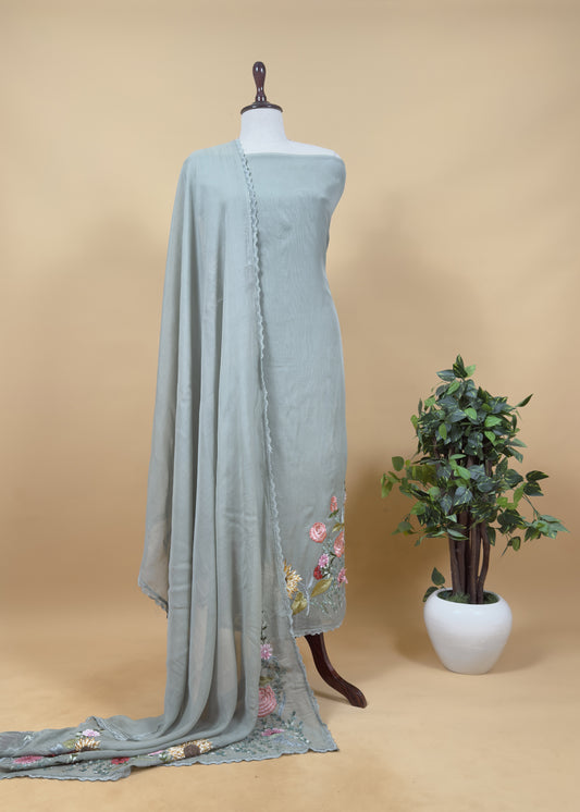 Sage Green Pure Mul Cotton Sunflower Suit With Resham Embroidery And Appliqué Work