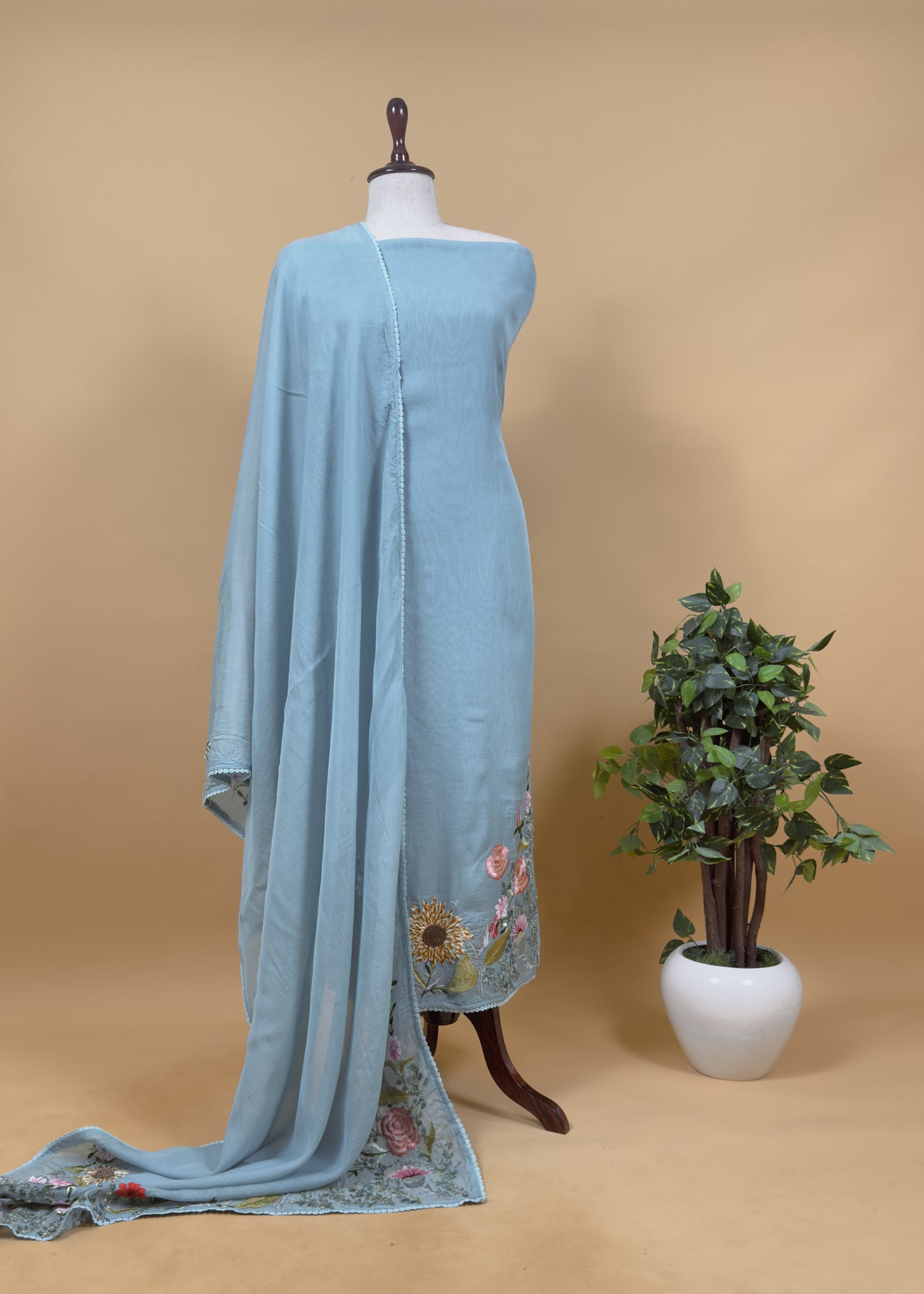Sage Green Pure Mul Cotton Sunflower Suit With Resham Embroidery And Appliqué Work