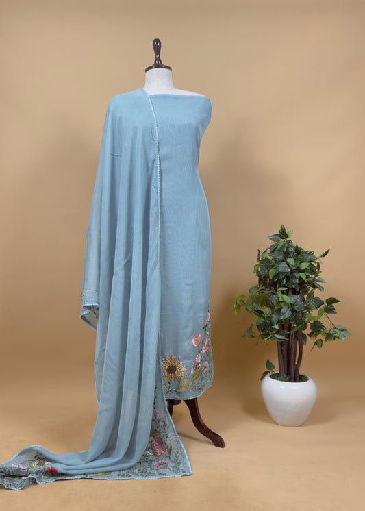 Ocean Blue Pure Mul Cotton Sunflower Suit With Resham Embroidery And Appliqué Work