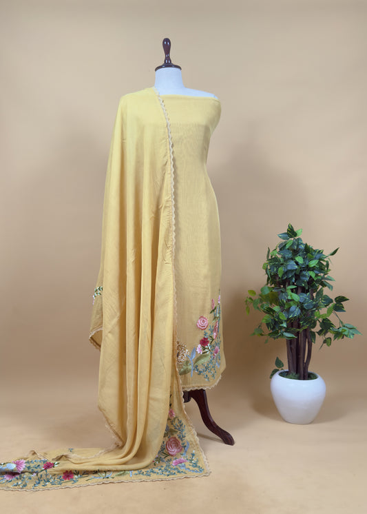 Banana Yellow Pure Mul Cotton Sunflower Suit With Resham Embroidery And Appliqué Work