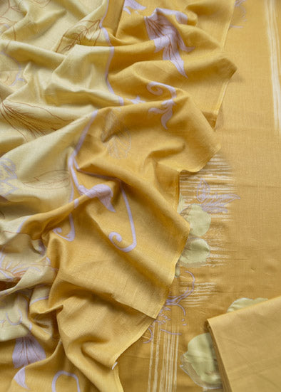 Yellow Abstract Unstitched Cotton Suit With Dupatta