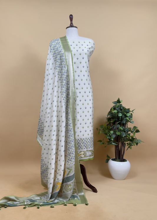 Emerald Green Handloom Ikkat Chanderi Suit Fabric With Maheshwari Border