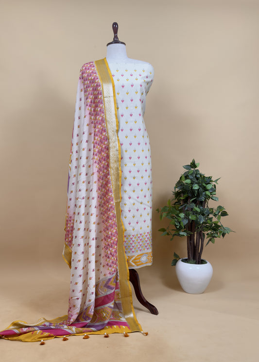 Chrome Yellow Handloom Ikkat Chanderi Suit Fabric With Maheshwari Border