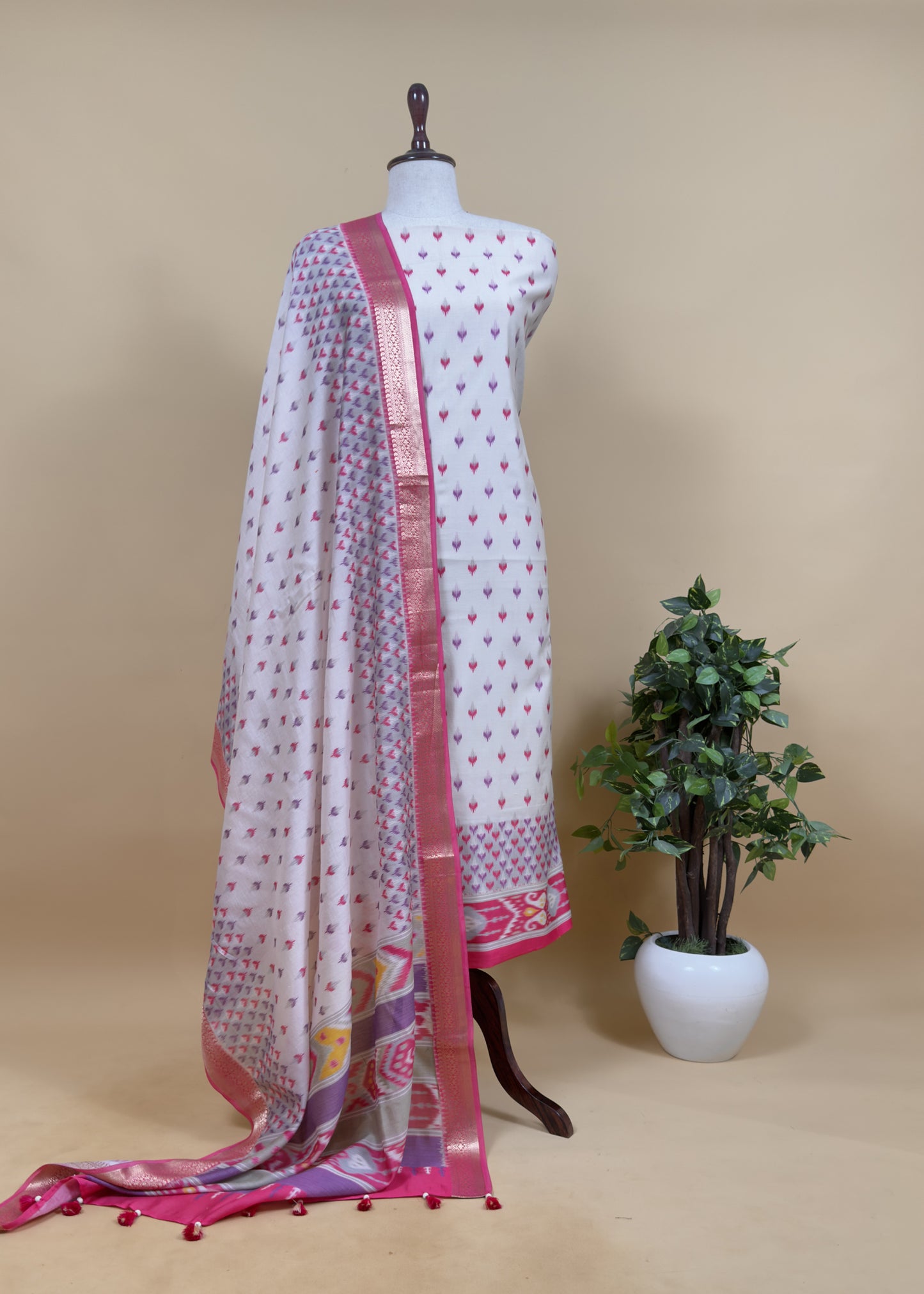 White And Red  Handloom Ikkat Chanderi Suit Fabric With Maheshwari Border