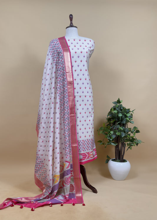 Pink Punch Handloom Ikkat Chanderi Suit Fabric With Maheshwari Border