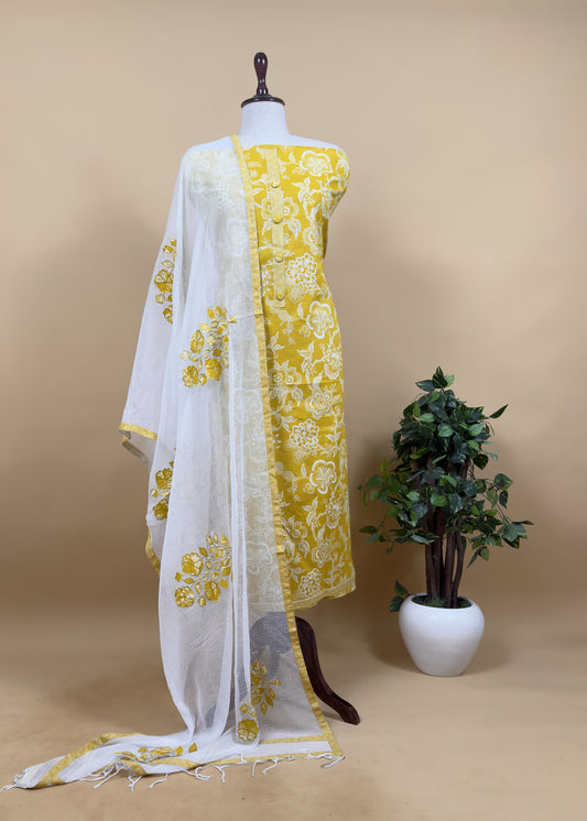 Yellow Pure Cotton Suit Set With Kota Doria Dupatta And Appliqué Work