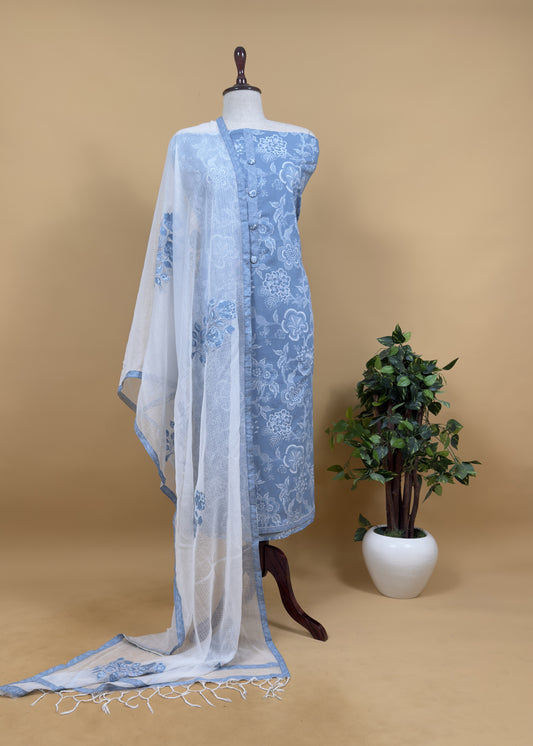 Blue Pure Cotton Suit Set With Kota Doria Dupatta And Appliqué Work