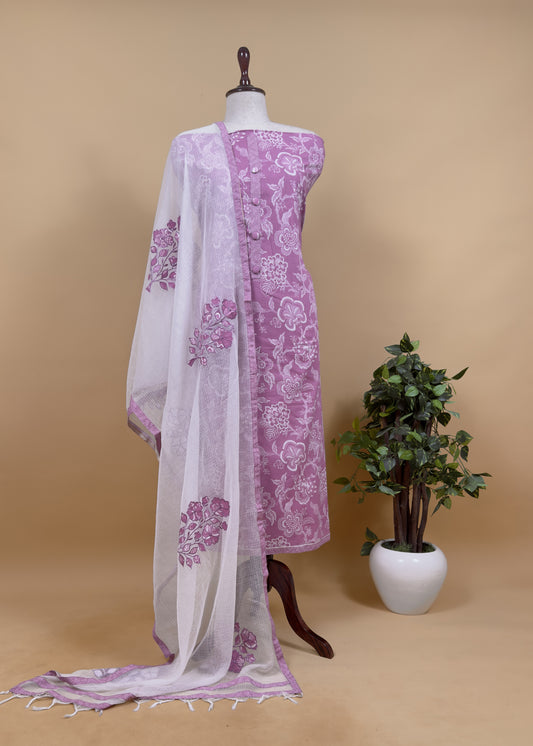 Pink Pure Cotton Suit Set With Kota Doria Dupatta nd Appliqué Work