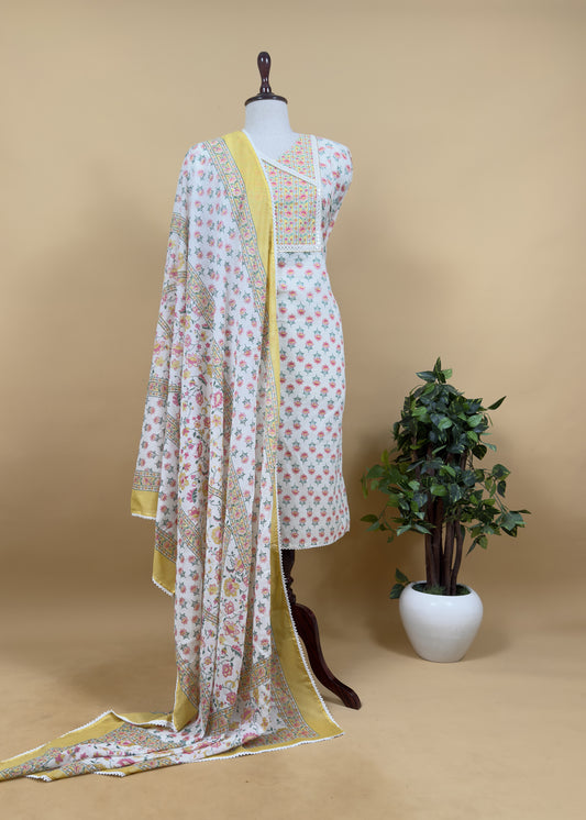 Yellow Pure Cotton Jaipuri Hand-block Print Unstitched Suit