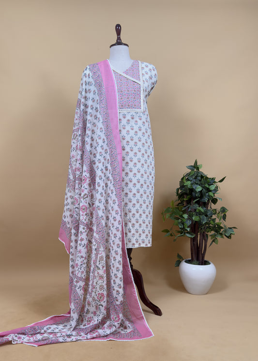 Pink Pure Cotton Jaipuri Hand-block Print Unstitched Suit