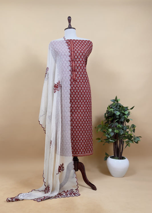 Maroon Ajrakh Pure Cotton Suit With Appliqué work