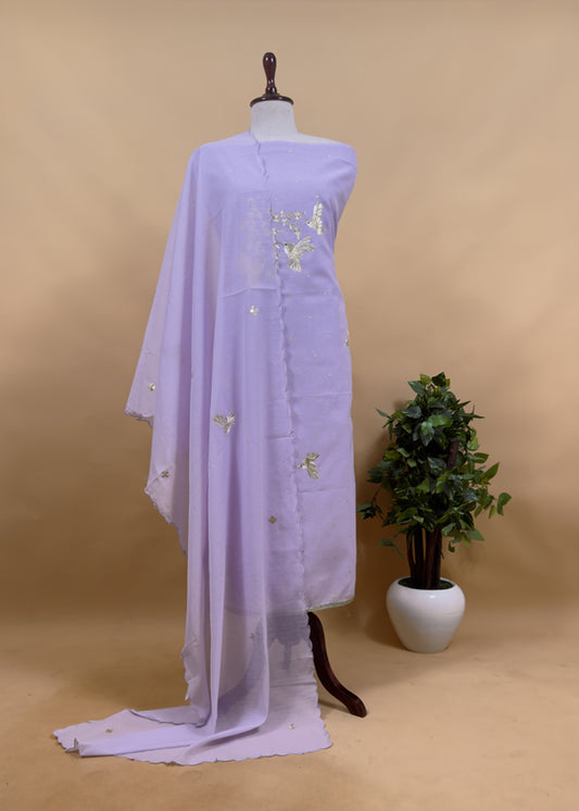 Girlish Lavender Gold Silver Chidiya Pure Mulmul Suit Fabric With Pitta Work