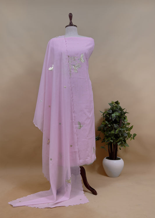 Girlish Powder Pink Gold Silver Chidiya Pure Mulmul Suit Fabric With Pitta Work