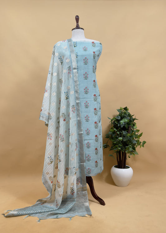 Sky Blue Kota Doria Suit with Banarasi Weaving