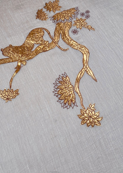 Beige Colour Handloom Mulmul Unstitched Suit Fabric With Hand Gota Appliqué Work