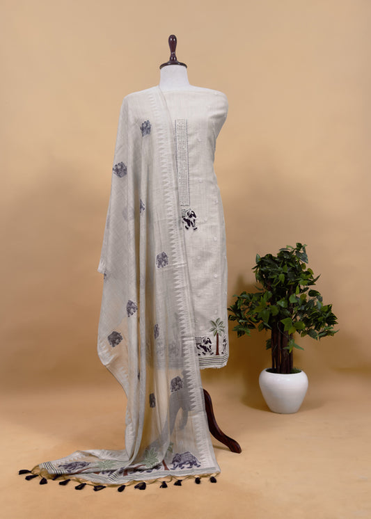 Blue Pure Linen Haathi Embroidered Suit With Jamdani Weaving
