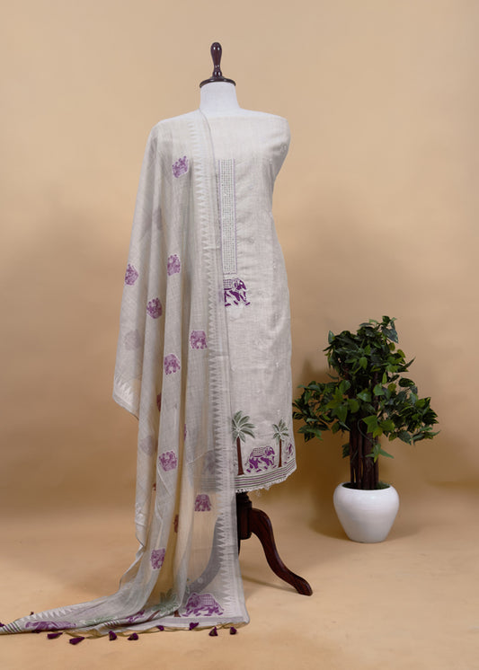 Purple Pure Linen Haathi Embroidered Suit With Jamdani Weaving