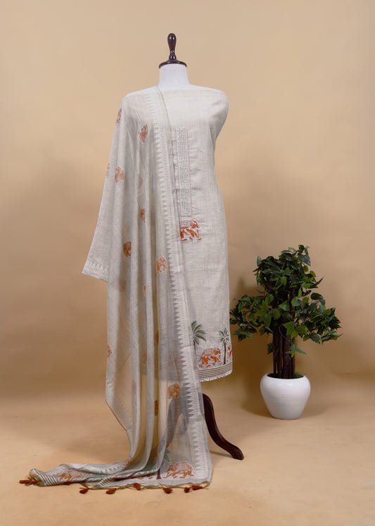 Orange Pure Linen Haathi Embroidered Suit With Jamdani Weaving