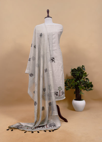 Blue Pure Linen Haathi Embroidered Suit With Jamdani Weaving